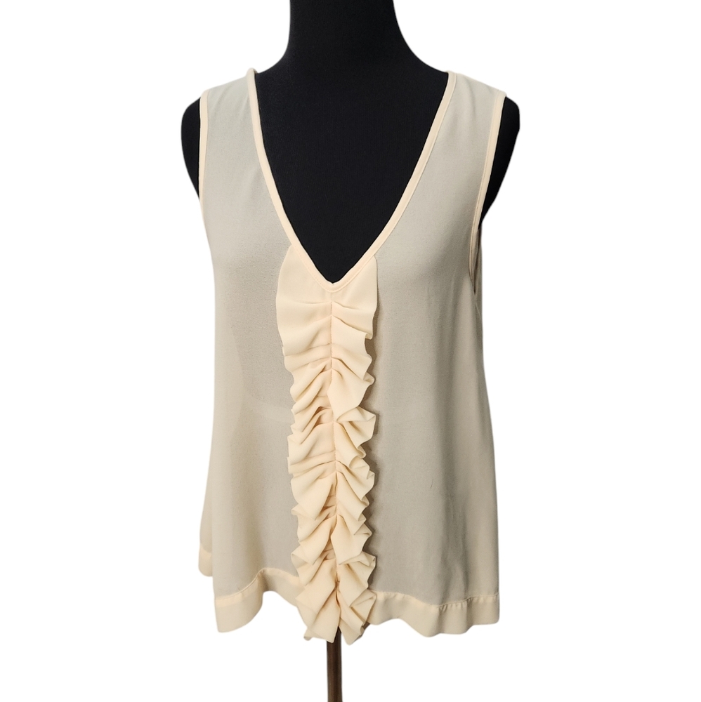 LovPosh Semi-Sheer Ruffled Ecru Tank with Gold‎ Button Back  Size Medium